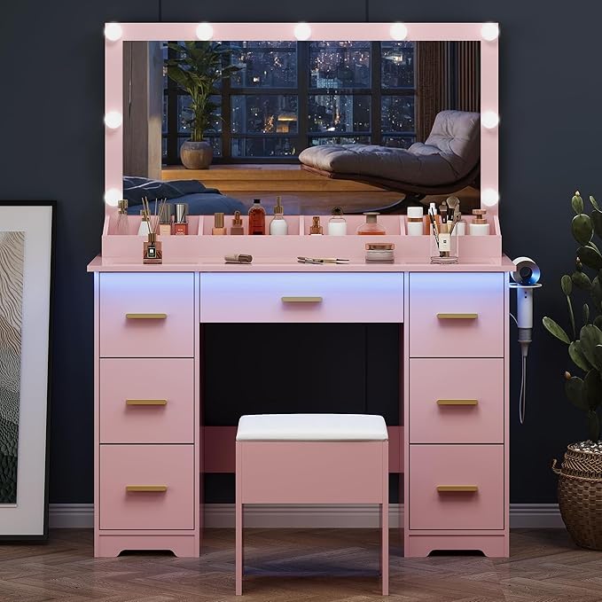 Vanity Desk with 38" Large Mirror and 9 LED Lights & Glass Top and Power Outlet, Adults Makeup Vanity with Chair and 7 Storage Drawers, Dressing Table Set for Bedroom, Modern Pink
