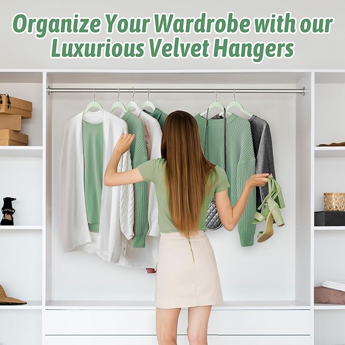 Velvet Hangers 50 Pack β Slim Non-Slip Flocked Hangers with Notches, Space-Saving Closet Organizer for Dresses, Blouses, Coats(Green)