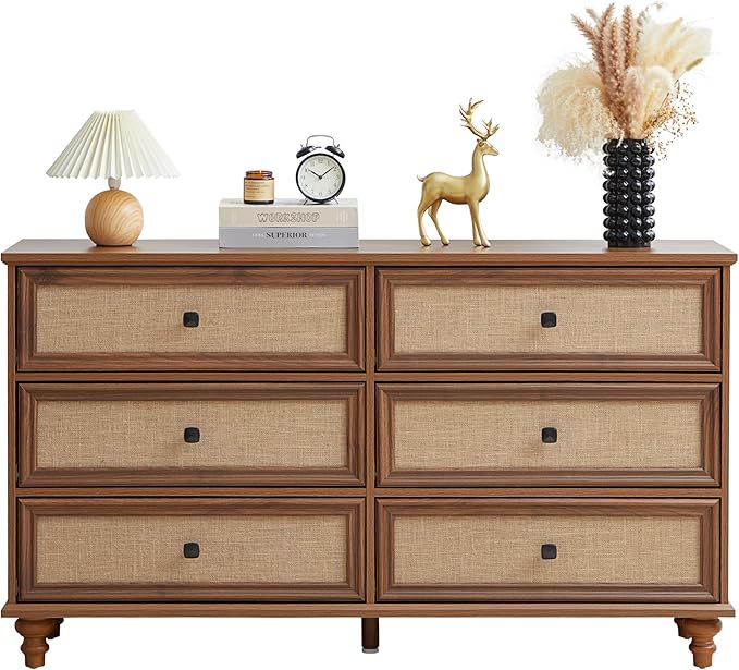 6 Drawer Dresser for Bedroom, Mid Century Modern Wide Wood Vintage Chest of Drawers Wooden Storage Organizer Burlap Rattan Drawers for Living Room, Hallway Closet, Entryway, Walnut