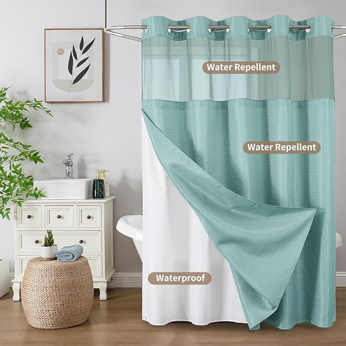 Colorful Star No Hook Shower Curtain with Snap in Fabric Liner, Waffle Weave Heavy Duty Thick Shower Curtains with Mesh Top Window, Hotel Style Waterproof Bathroom Curtain Set, 72 x 75 Inch, Teal