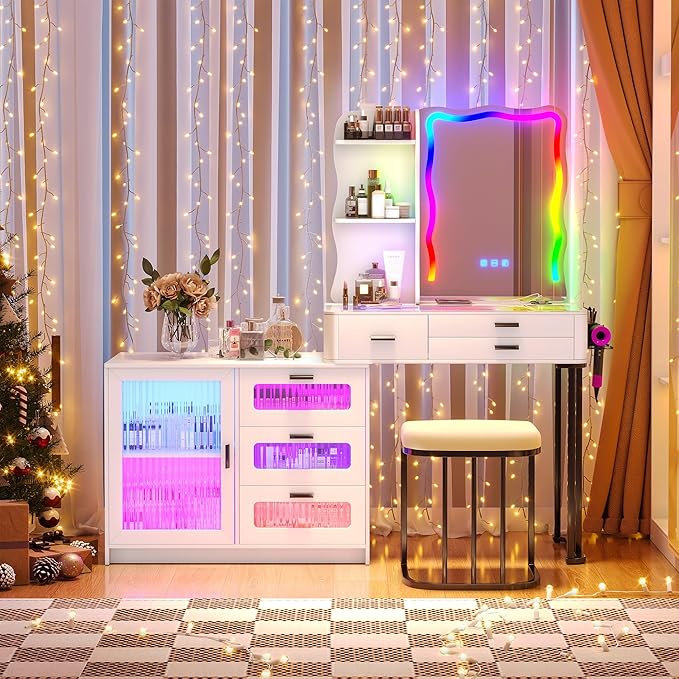 RGB Makeup Vanity Desk with Wireless Charging Station,Vanity Mirror with Lights Desk and Chair,8 Drawers,Stool,7 Dynamic and 7 Static Dimmable Vanity Table with Glass Desktop
