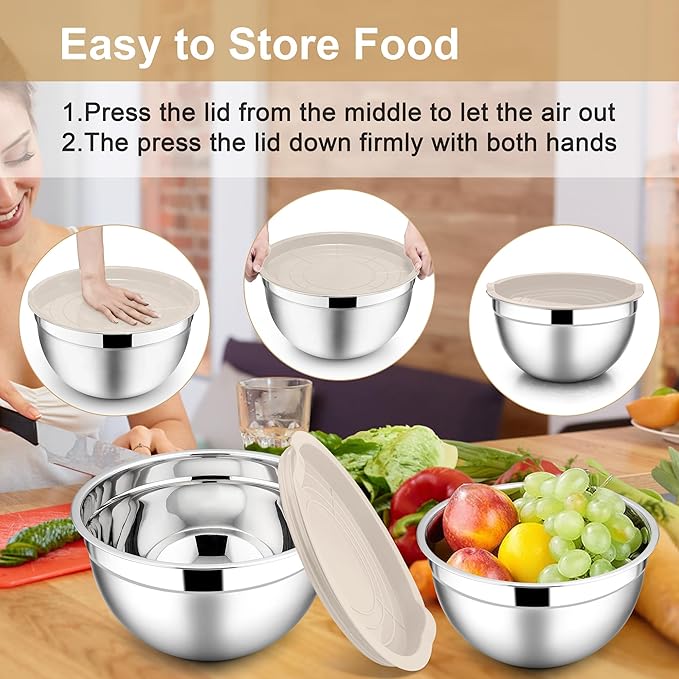 E-far Mixing Bowls with Lids, 6-Piece Stainless Steel Salad Bowls Metal Nesting Bowls for Baking Cooking and Prepping, Airtight Lids & Stackable Design, Size 4.5, 3, 1.5 QT (Khaki)