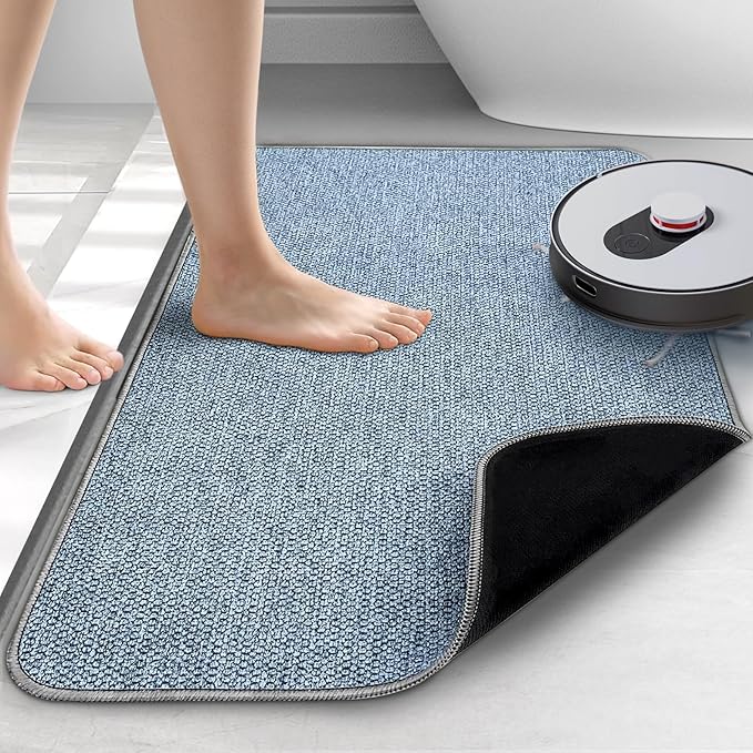 Upgraded Thin Bathroom Rugs, Bath Mat Super Absorbent, Bath Rugs Rubber Backing Non-Slip, Quick Dry Machine Washable, Cozy Cloth Bathroom Mat fit Under Door/Sink/ Bathtub/Floor/Shower 24''x48''-Blue