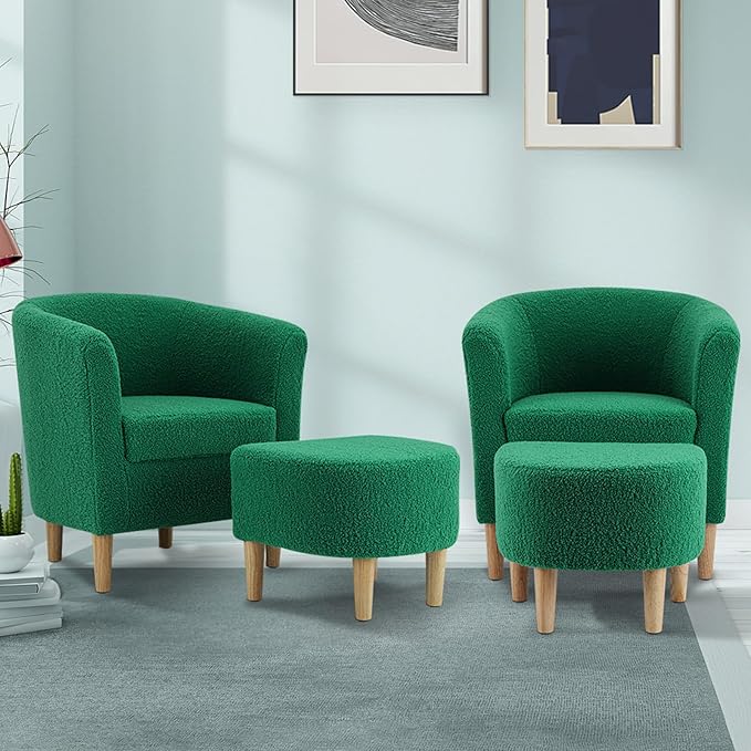 DAZONE Sherpa Accent Chair with Ottoman, Forest Green Cozy Barrel Armchair for Adults, Upholstered Living Room Chair with Footrest, Small Space Reading Chair for Bedroom, Apartment, Home Office