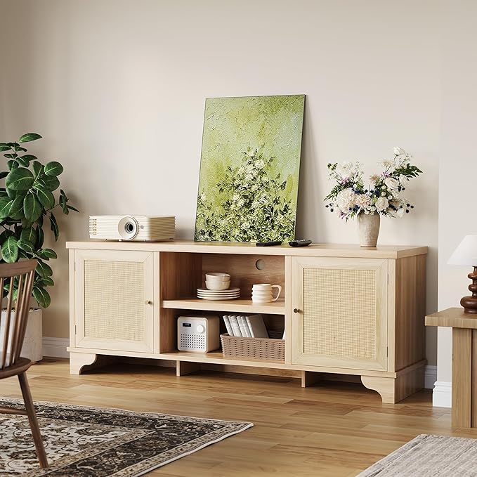 Rattan TV Stand Fits TVs Up to 70 Inches, Farmhouse Entertainment Center with Cabinets and Open Shelves, Wooden Media Console Table for Living Room, Oak