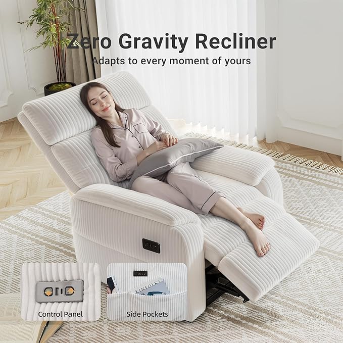 Claiks Zero Gravity Recliner Chair, Oversized Reclining Chair for Adults, Adjustable Electric Reclining Sofa Lounge with USB&Type-C Ports, Side Pocket, for Living Room, Corduroy, White