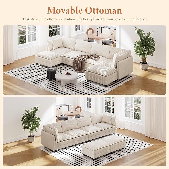 Vesgantti 143" U Shaped Sectional Modular Couch, Comfy Corduroy Upholstered Modular Cloud Sofas for Living Room, Modern Sectional Sofa with 2 Ottoman Deep Seat, Beige