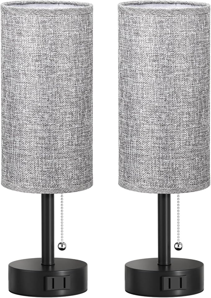 Grey Bedside Table Lamps Set of 2-3 Color Temperatures Pull Chain Lamp with AC Outlet Charging Port, Round Night Stand Lamps for Bedroom Office, Small Bed Side Light with E26 LED Bulbs