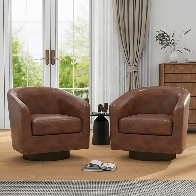 UIXE 360° Swivel Barrel Accent Chair Armchair, PU Leather Round Club Arm Chair for Lving Room, Modern Upholstered Small Bedroom Single Sofa Seat - Coffee Brown, Set of 4