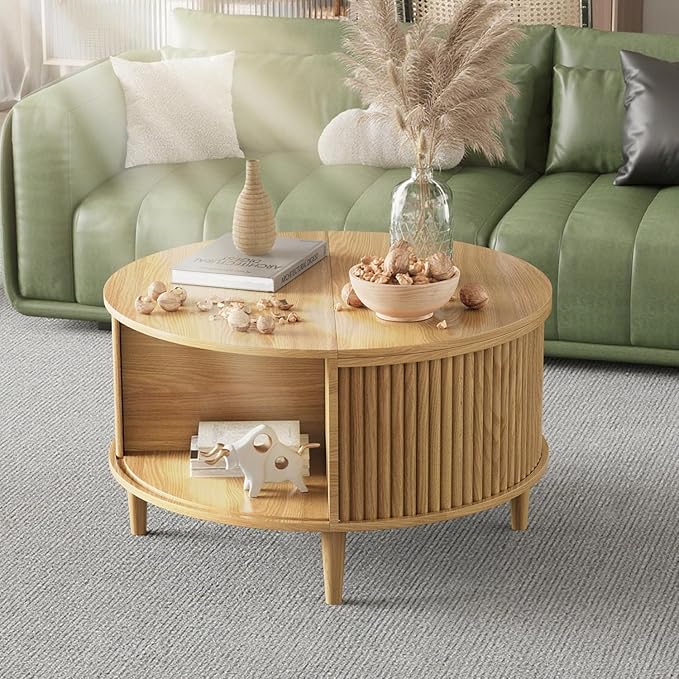 Round Coffee Table with Storage, Fluted Lift Top Coffee Table for Living Room, 31.5" Mid Century Modern Center Table with Sliding Cabinet Door, Natural Oak
