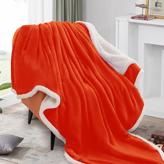 BEAUTEX Orange Sherpa Fleece Throw Blankets, Soft Fluffy Flannel Plush Blanket and Throw, Fuzzy Cozy Fall Halloween Blankets for Couch Bed Sofa Adults (50" x 60",)