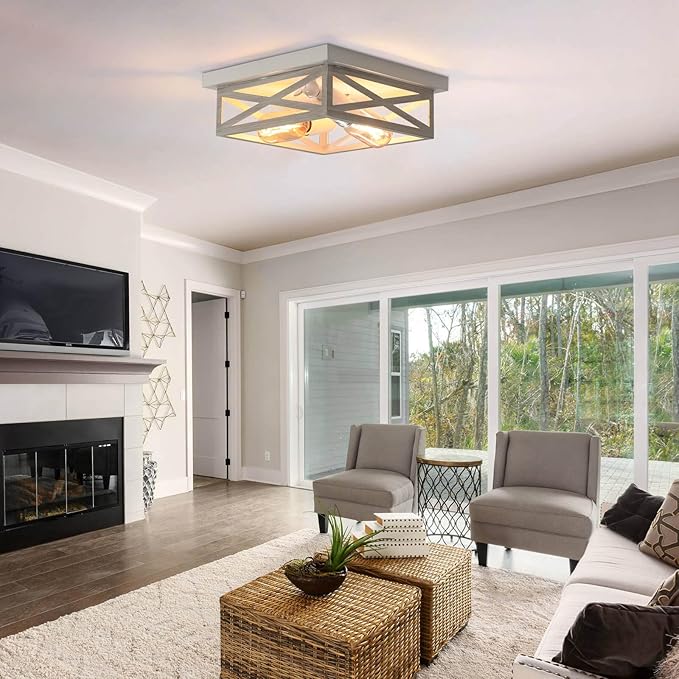 White Farmhouse Ceiling Light Fixtures, Industrial Kitchen Ceiling Fixture for Bedroom, 2-Light Rustic Metal Finish Farmhouse Flush Mount Ceiling Light,Square Cage Hallway Light