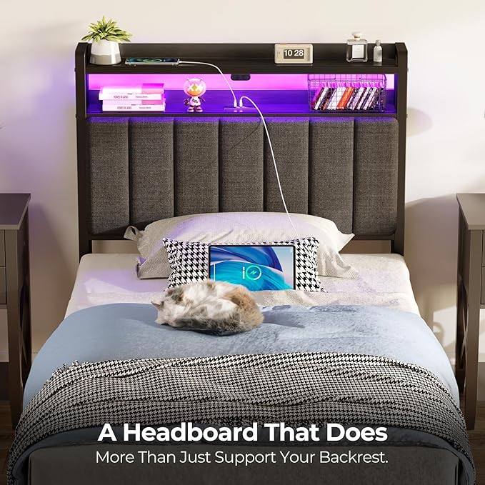 Rolanstar Headboard for Twin Size Bed with Storage, 60,000 DIY Color of LED Light, Head Board with USB & Type C Port, Height Adjustable, Black Upholstered Cabeceras de Cama Comfortable Modern, Linen