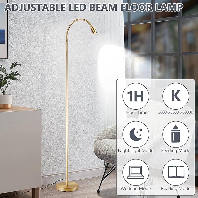 Reading Floor Lamp, 72" Tall LED Lamp with Flexible Gooseneck, Dimmable Zoomable Spotlight, Adjustable Color Beam Standing Lamp, Touch & Remote Control, Task Craft Bedroom Living Room (Antique Brass)