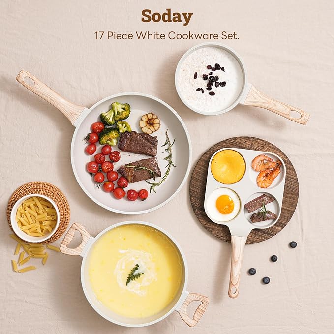 17 Pcs Pots and Pans Set Non stick,Cookware Sets White Granite Induction Cookware, Non-toxic Healthy Non Stick Kitchen Cooking Set with Frying Pans Set, Saucepans (PFAS, PFOA, PFOS Free) White