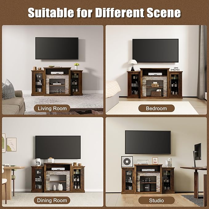 59 inch TV Stand, 32 inch Tall Entertainment Center with Printed Stone Texture, Farmhouse Console Table with Display Storage Cabinets for Living Room, Bedroom, Study, Rustic Brown