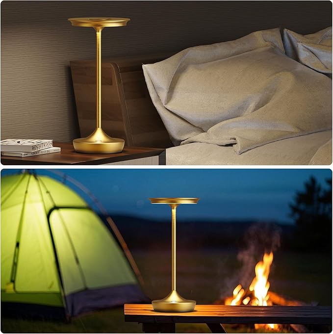 2 Pack LED Rechargeable Cordless Table Lamps, Portable Outdoor Battery Operated Table Light 3 Color Stepless Dimming Table Lamp with Memory Function for Patio Restaurant Dining Room Gold