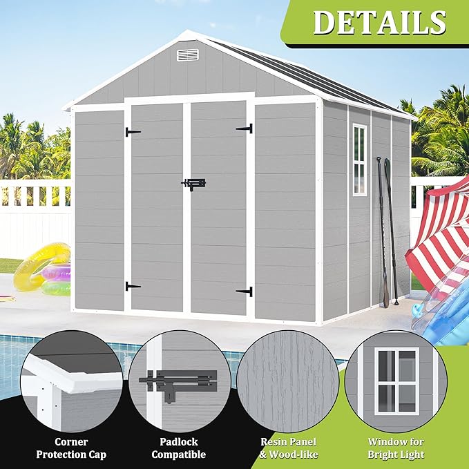 8' x 8' Resin Storage Shed Outdoor, PP Material & Strong Structure for All Weather, Plastic Garden Shed w/Window for Garden, Backyard, Poolside and Lawn, 12mm Thick PP Board - Grey
