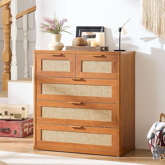 LEYAOYAO Rattan Dresser for Bedroom Set of 2, 33.5" Tall Chest of Drawers, Modern 5 Drawers Boho Dressers with Storage, Vintage Brown Dresser Wooden Closet Organizer for Living Room, Hallway