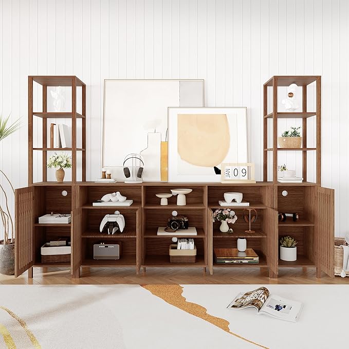 Entertainment Center with Bookshelves, Farmhouse TV Stand for 70 Inch TVs, TV Stands for Living Room w/Adjustable Shelves & Storage Cabinet, Modern Console Cabinet for Bedroom Home Theater