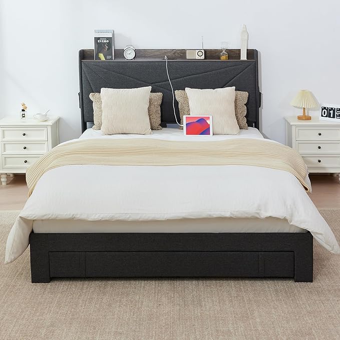 Queen Size Bed Frame with 3 Drawers, Upholstered Queen Size Bed Frame with Storage Headboard, AC USB & Type C Charge Station,Wooden Support Slats No Box Spring Needed Easy Assembly,Grey