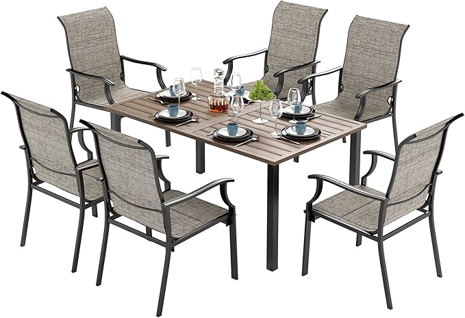 7 Piece Outdoor Dining Set for 6, Outdoor Table and Chairs Set for 6 with 1 Patio Dining Table(1.61"-2" Hole) and 6 Textilene Patio Chairs, Patio Dining Set for Deck Backyard