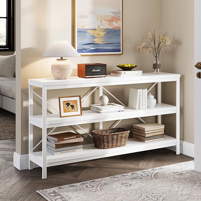 karlott 3-Tier Console Table, 55.1" Entryway Table with Metal Frame and Open Shelves, Modern Behind Couch Sofa Table for Living Room, Hallway, Foyer, Entrance, Industrial, Bookshelf, White