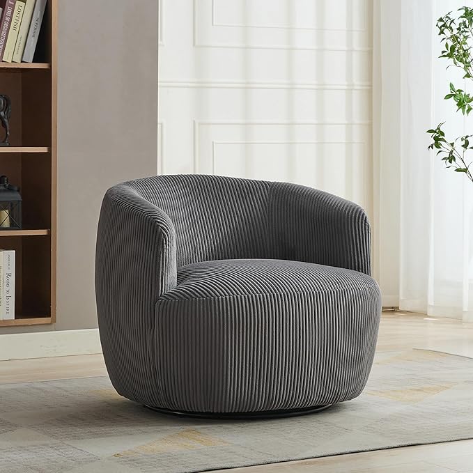 Aoiy & Wifon 34.25" W Swivel Barrel Chair, Upholstered Round Small Accent Chair, Single Comfy Barrel Chair for Living Room, Corduroy, Charcoal