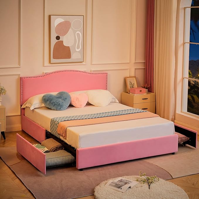 VECELO Full Bed Frame, Platform Bed Frame with Underbed Storage Drawers and Adjustable Height Upholstered Headboard, Heavy-Duty Frame and Strong Wooden Slats Support, Noise-Free, Easy Assembly, Pink