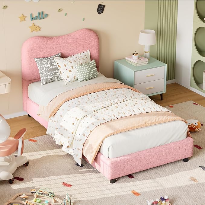 GarveeHome Twin Bed Frame for Kids with Velvet Upholstered Headboard, Cute Low Profile Platform Bed for Girls and Boys, No Box Spring Needed, Strong Wooden Slats, Noise Free, Easy Assembly, Pink