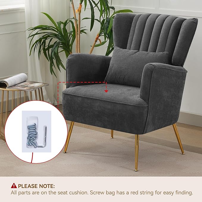 Fabric Accent Living Room Arm Chair Set of 2 Mid Century Modern Chairs with Pillow & Golden Legs, 8.5" Thick Cushion, Upholstered Comfy Sofa Armchair for Reading Room/Bedroom, Grey