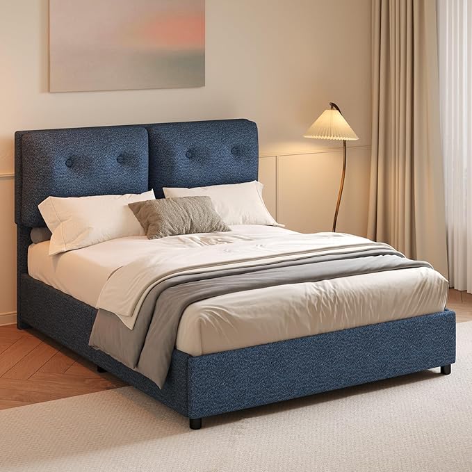 Queen Bed Frames,Breathable Boucle Fabric Upholstered Bed Frame with Headboard,Removable and Washable,Wood Slat Support,No Box Spring Needed,Easy Assembly,Navy Blue
