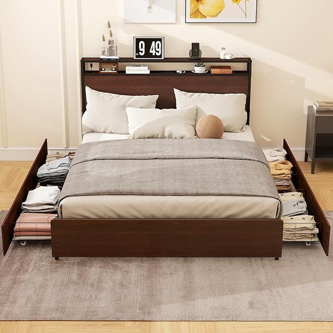 Queen Size Bed Frame with 4 Storage Drawers, Queen Platform Bed Frames with 2 Tier Storage Headboard, Charging Station, Adjustable LED Light, Noise-Free, No Box Spring Required, Reddish Brown