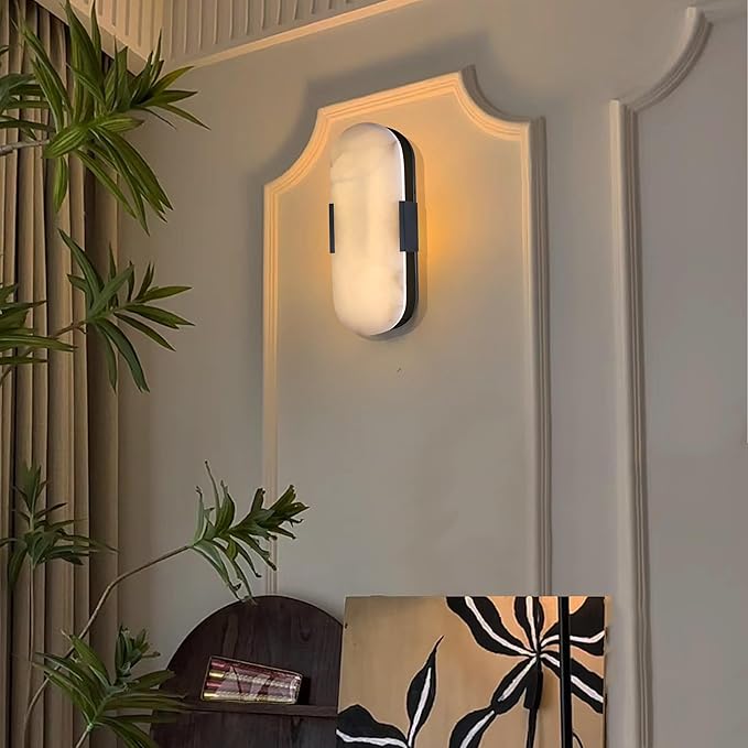 2 Light Natural Oval Alabaster Marble Bathroom 15 Inch Wall Sconce Modern Concise Style Wall Light Fixtures,Dark Gray Finish for Bedroom Hallway Bedside Living Room