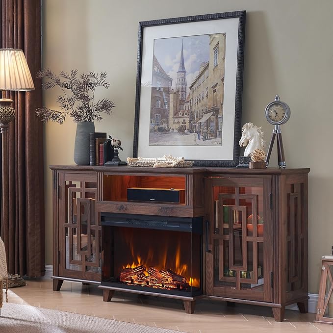 JXQTLINGMU Fireplace TV Stand for 75" TV, 32" Tall Farmhouse Entertainment Center with 26'' Electric Fireplace & LED Light, Rustic Media Console with 2 Large Storage Cabinets for Living Room, Brown