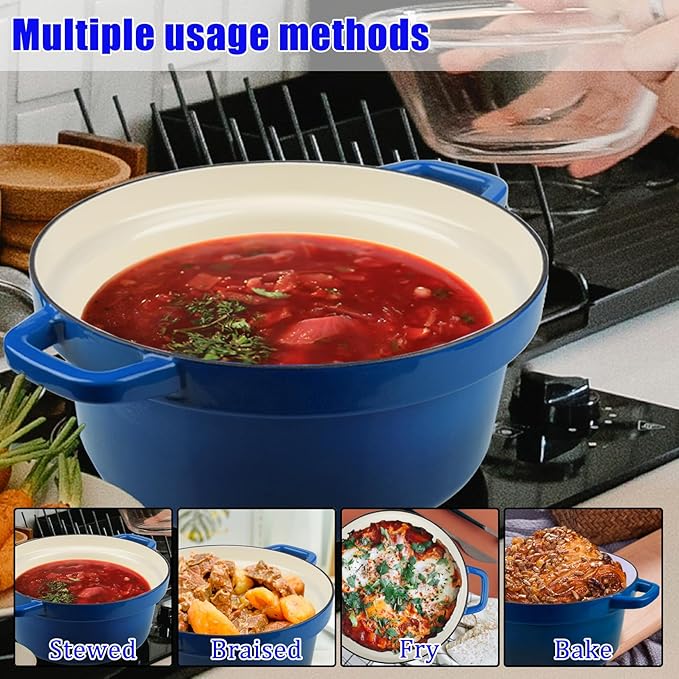 CUKOR 7QT Dutch Oven Pot With Lid, Enameled Cast Iron Dutch Ovens for Sourdough Bread Baking, Non-Stick Ceramic Dutch Oven Cooking Pot, Oven Safe, Blue (10 Pcs Bread Paper Liners)