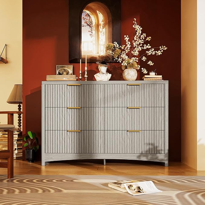 Marsail 6 Drawer Wooden Dresser with Smooth-Glide Drawers, Modern Storage Solution for Bedrooms, Living Rooms, and Hallways, Featuring Large Capacity and an Elegant Natural Wood Finish, Light Grey