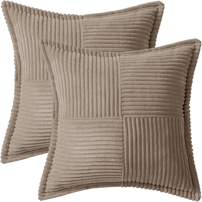 MIULEE Decorative Throw Pillow Covers for Couch Bed Livingroom 16x16 Inch Set of 2 Light Brown Boho Accent Throw Pllows Broadside Striped Patchwork Soft Corduroy Pillowcases