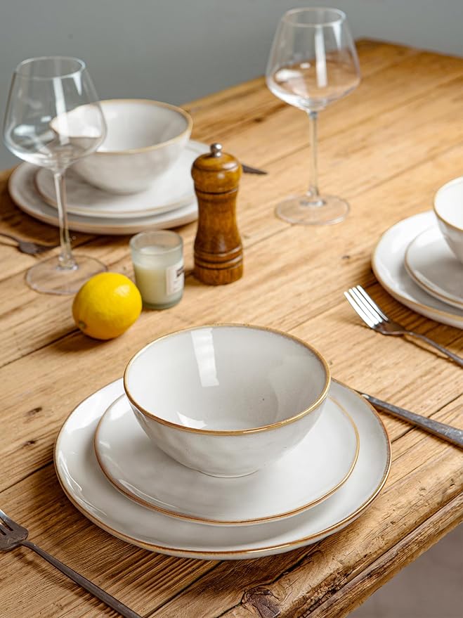 Famiware Dinnerware Sets for 4, Ocean Round 12-Piece Kitchen Plates and Bowls Sets, Reactive Glaze, Microwave and Dishwasher Safe, Scratch Resistant, Cappuccino White