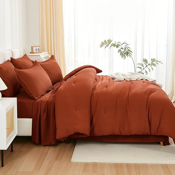 Litanika Burnt Orange Comforter Queen Size Set - 7 Pieces Terracotta Bed in a Bag Queen Bedding Comforter Sets, Plain Lightweight Bed Set with Comforter, Sheets, Pillowcases & Shams