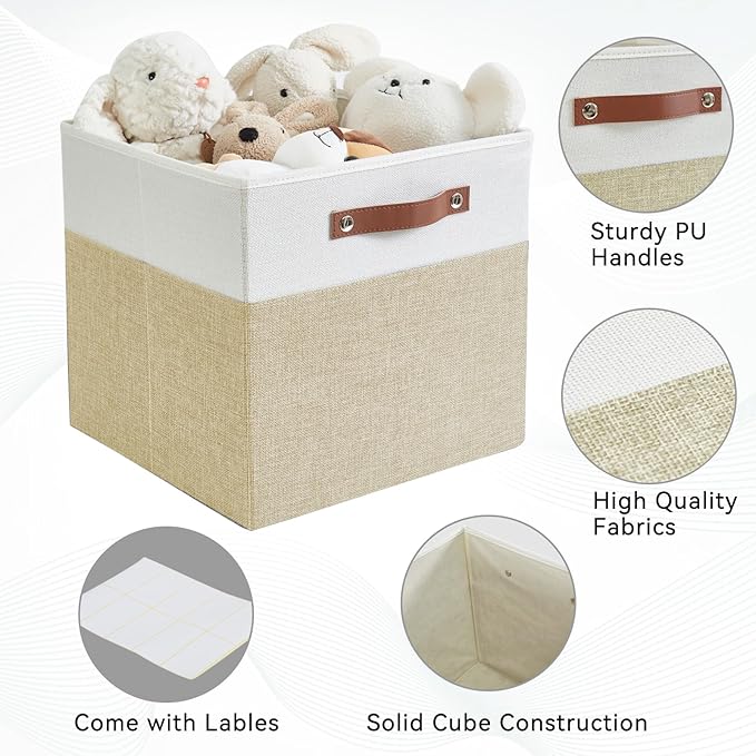 Collapsible Fabric Storage Cube Bins with 2 Reinforced PU Handles, Foldable Storage Organizer Baskets for Closet, Shelves, Living Room | 13"x13"x13", 4 Pack, Beige & White