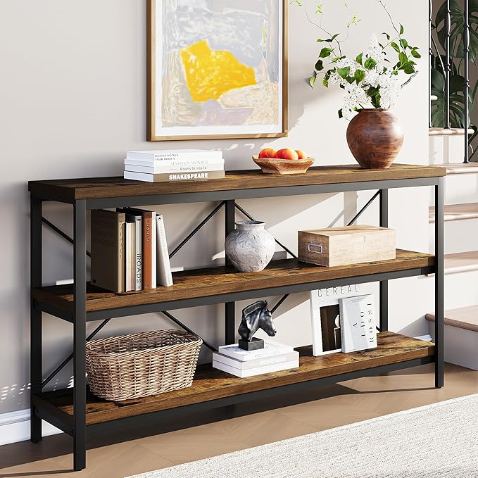 3-Tier Console Table, 55.1" Entryway Table with Metal Frame and Open Shelves, Modern Behind Couch Sofa Table for Living Room, Hallway, Foyer, Entrance, Industrial, Bookshelf, Rustic Brown
