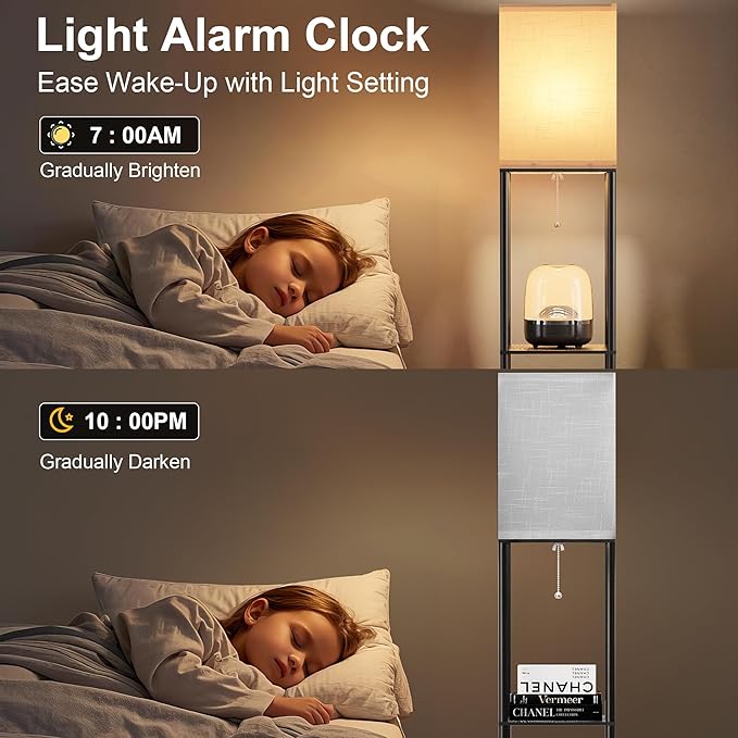 Floor Lamp with Shelves for Living Room with Matter Smart LED Light Bulb Works with Google Home/Alexa/Apple Home/SmartThings/Siri, Modern Standing Lamp Color Changing Corner Light Bedroom Home Decor