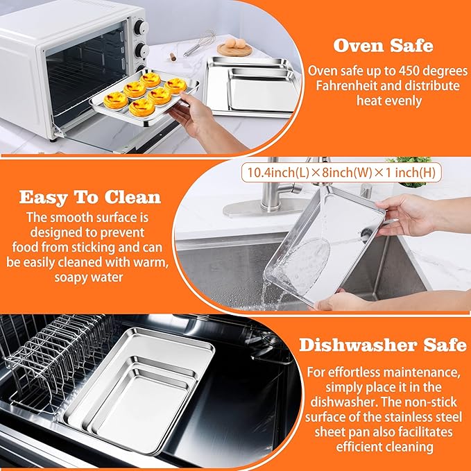 Herogo Nonstick Stainless Steel Baking Sheet Pan Set, Rectangle Cookie Sheet Bakeware Set for Oven, 2 Pack Multipurpose Kitchen Cookware, Non Toxic & Heavy Duty & Easy Clean- Small & Medium