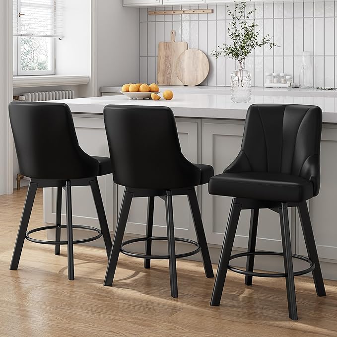 Swivel Bar Stools with Backs, 24" Counter Height Barstools Set of 8, Fabric Upholstered Counter Bar Stools with Solid Wood Legs for Kitchen Island, Home Bar, Black