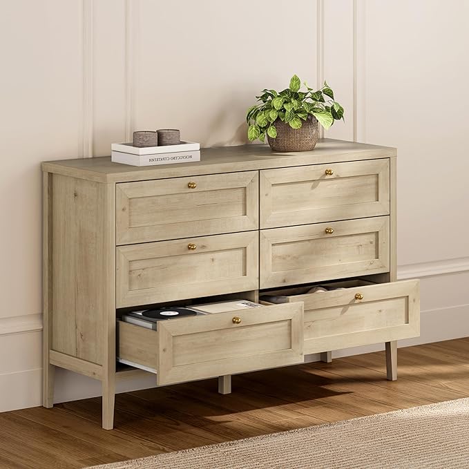 6 Drawer Dresser for Bedroom 47" Wide Chest of Drawers Mid Century Modern Wooden Storage Dresser Organizer TV Stand for Living Room, Hallway, Light Oak