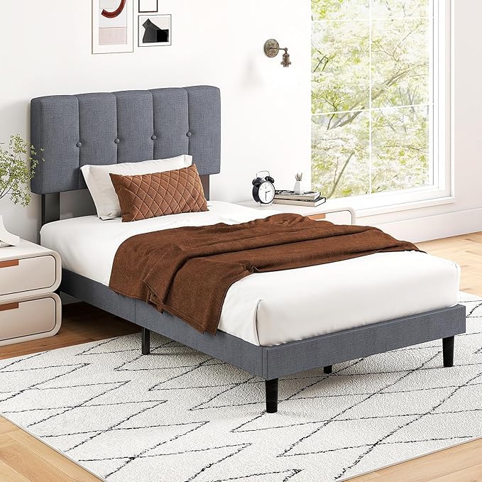 Sweetcrispy Twin Size Bed Frame - Fabric Upholstered Platform Bed with Headboard, 530LBS Sturdy Wooden Slats Support, No Box Spring Needed, Noise Free, Easy Assembly, Grey