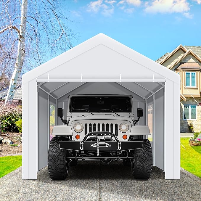 COBIZI Carports 10x20 Heavy Duty Car Canopy Garage with Removable Sidewalls & Doors, Galvanized Frame Portable Carport Canopy with Built-in Sandbags & All-Season Tarp for Car Boat Truck, White