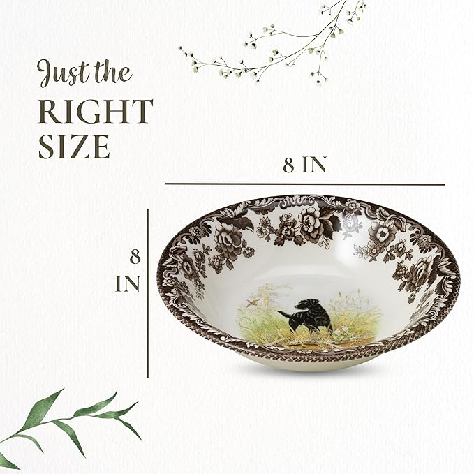 Spode Woodland Hunting Dogs, Black Labrador 8" Cereal Bowl - Fine Earthenware Tableware, Dishwasher & Microwave Safe, Warm Oven Ready Dish, Made in England - Holiday Dining & Gift