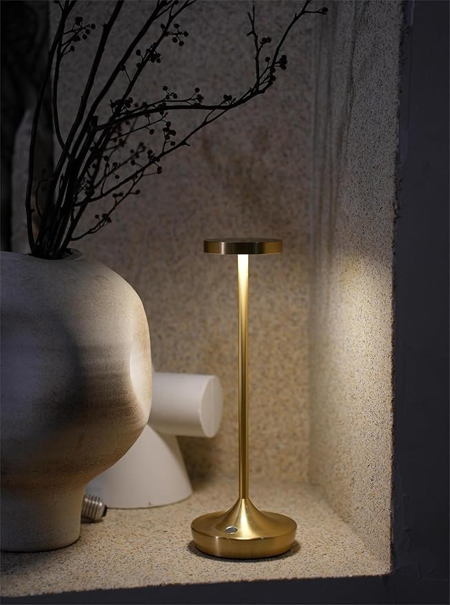 Cordless Table Lamp, Battery Operated LED Desk Lamp, 3-Color Stepless Dimming, Portable & Waterproof, for Restaurants, Bedrooms, Bars, Outdoor Parties, Camping, and Cafes (Gold)